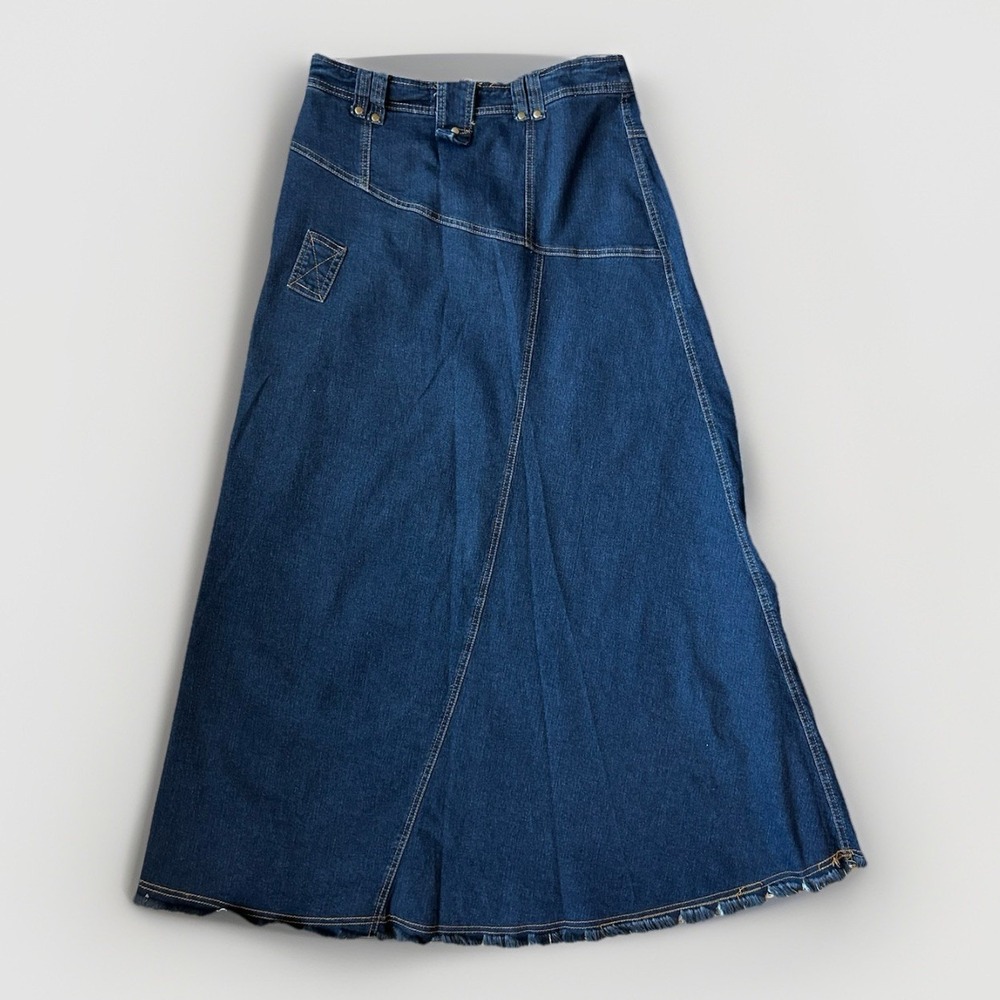 Y2K Denim Maxi Skirt 30 Raw Hem Pockets Grunge 2000s Edgy Streetwear Dark Wash - Picture 9 of 10